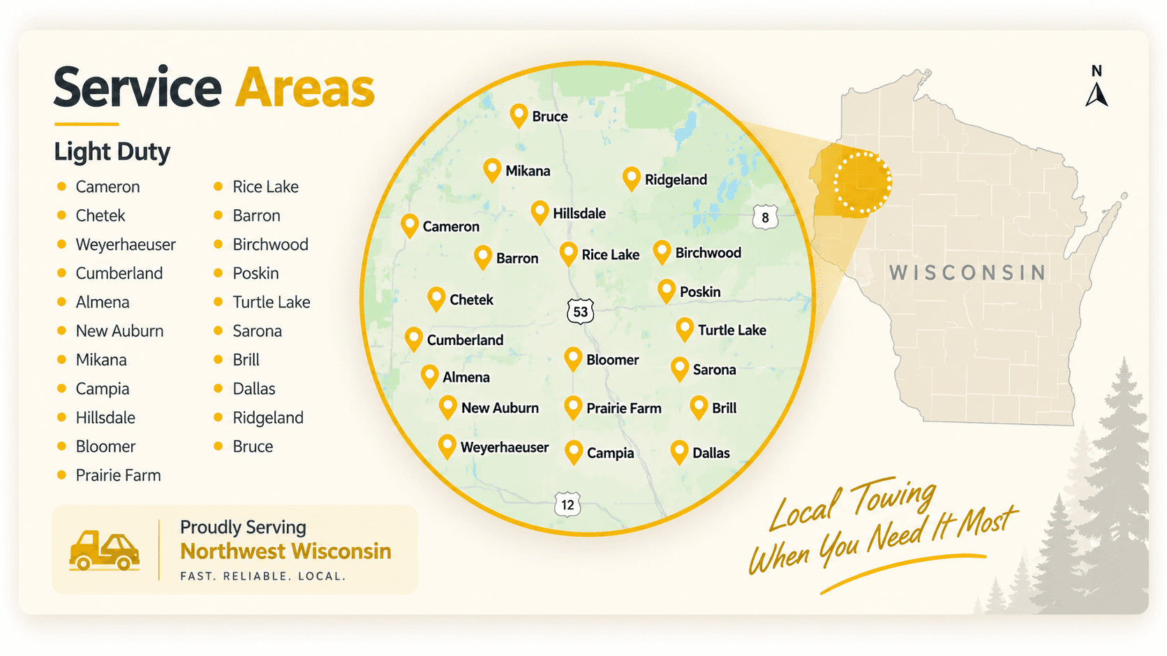 S&R Towing light duty service areas across Northwestern Wisconsin, including Cameron, Rice Lake, Chetek, Barron, Weyerhaeuser, Birchwood, Cumberland, Poskin, Almena, Turtle Lake, New Auburn, Sarona, Mikana, Brill, Campia, Dallas, Hillsdale, Ridgeland, Bloomer, Bruce, and Prairie Farm